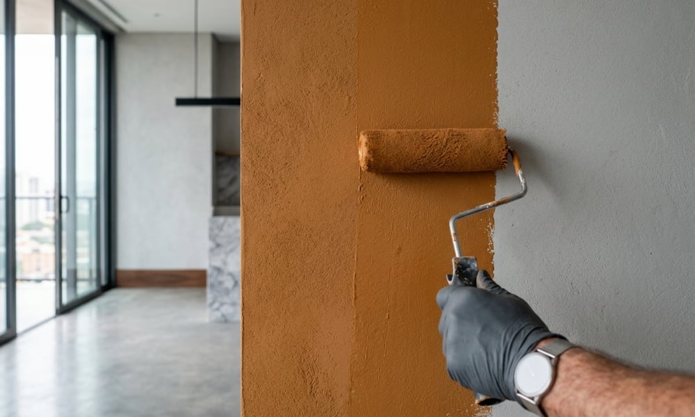 Painter applying fresh washable silk paint coat on an interior living room wall