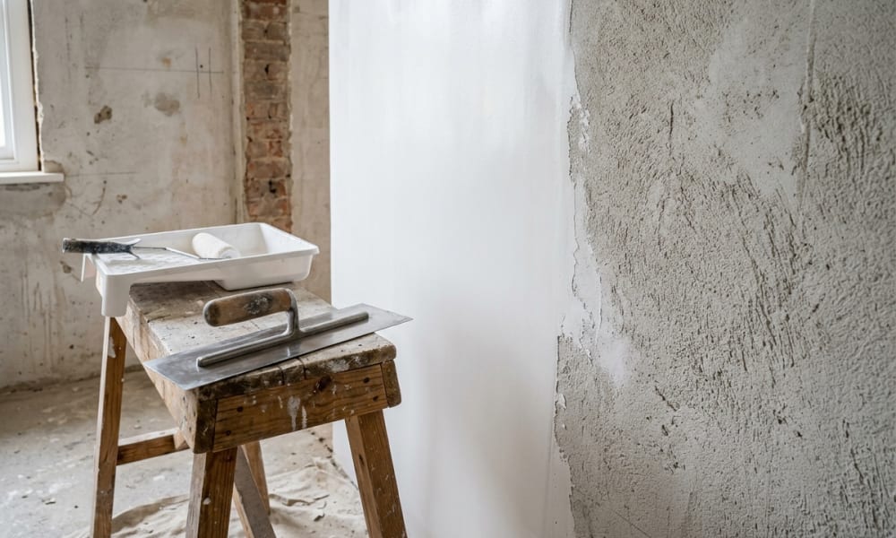 Skimming fresh cement plaster wall with acrylic filler putty and plastering trowel