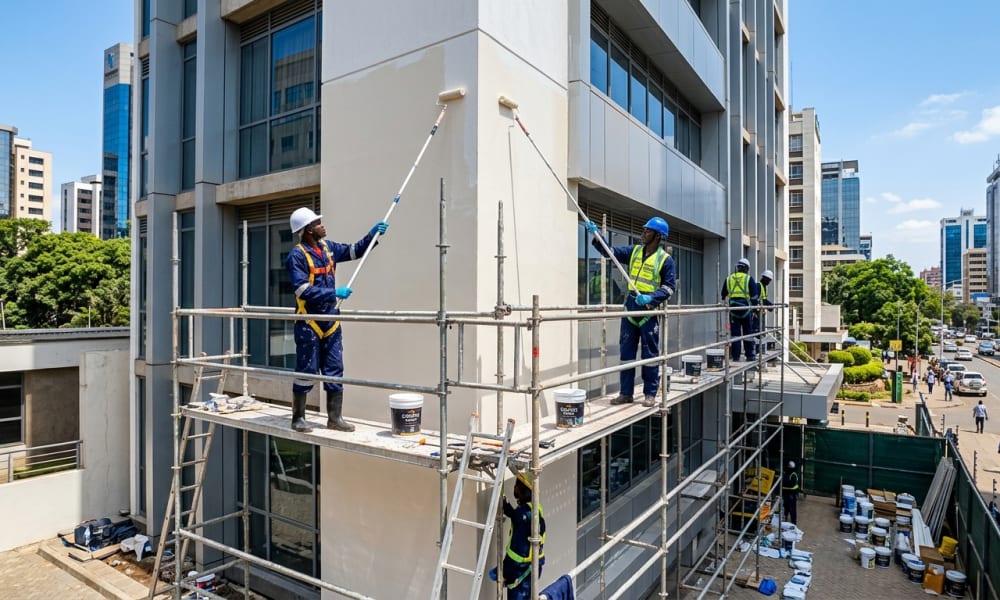 Trained commercial painting crew in uniforms providing turnkey paint supply and professional application