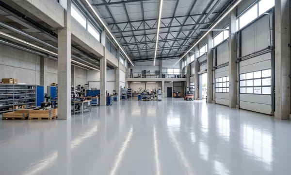 Seamless high-gloss industrial epoxy warehouse floor with flawless reflective finish