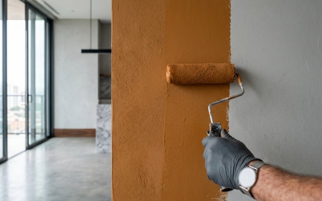 Painter applying fresh washable silk paint coat on an interior living room wall