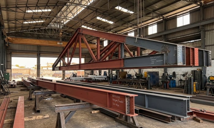 Heavy structural steel beams coated with red oxide rust-inhibitive primer