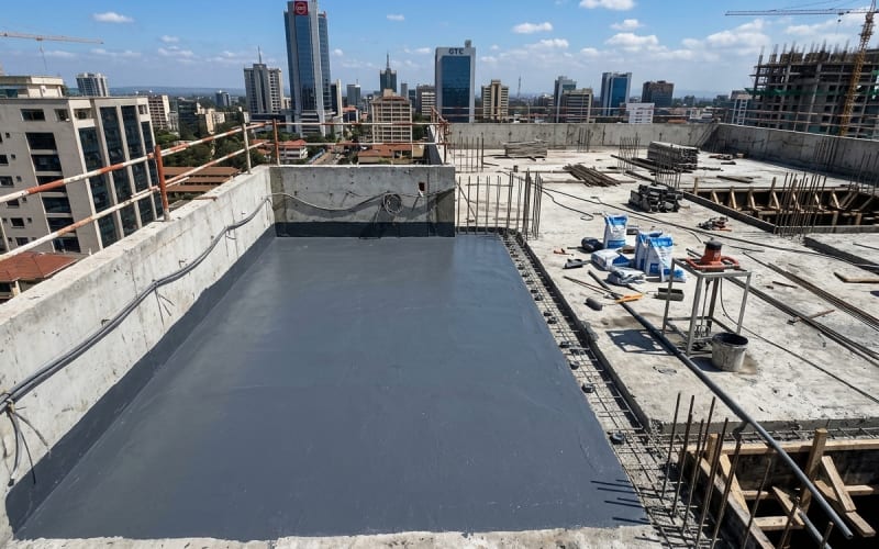 Structural elastomeric waterproofing membrane applied on a concrete flat roof slab in Nairobi Kenya