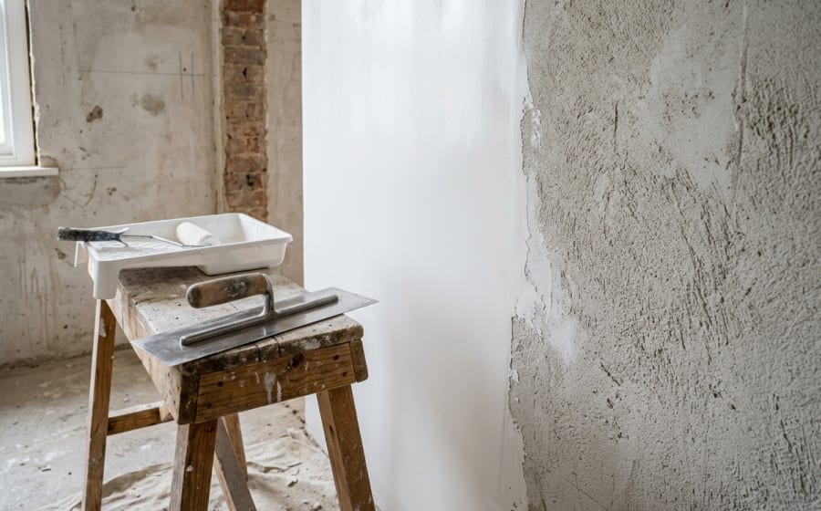 Substrate surface preparation and plaster skim coating with trowel on masonry wall