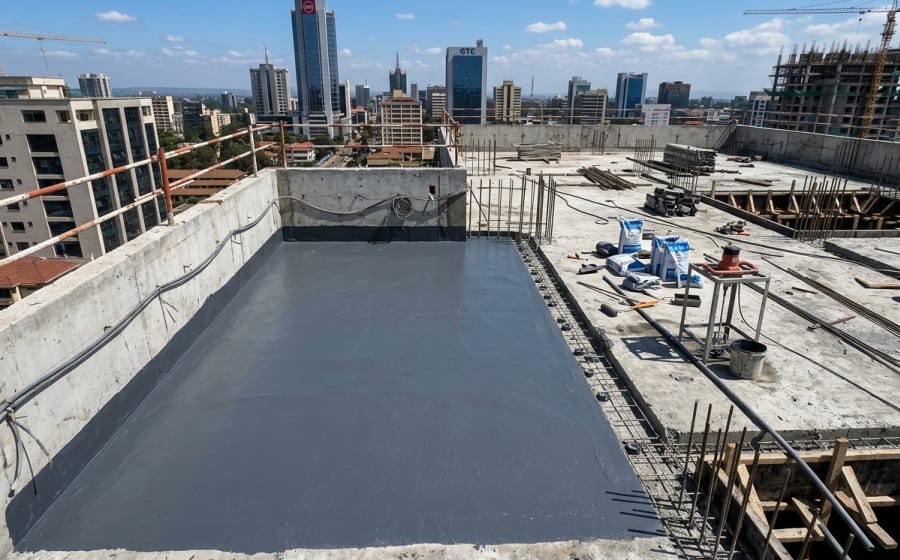 Structural elastomeric waterproofing membrane applied on a concrete flat roof slab in Nairobi Kenya