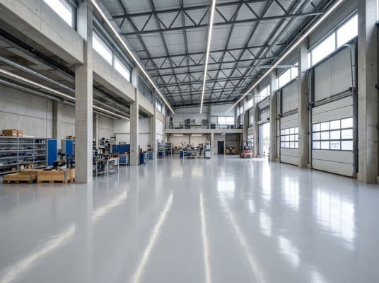 Seamless high-gloss grey epoxy floor coating in commercial warehouse Kenya