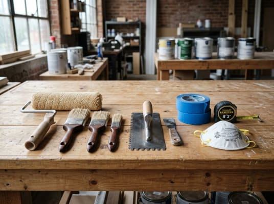Professional paint rollers, brushes, sandpaper and painting equipment