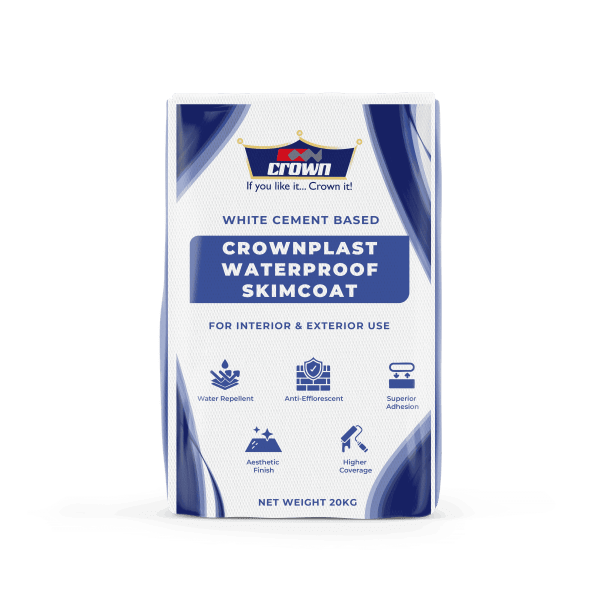 Crownplast Waterproof Skimcoat container packaging by Crown Paints Kenya