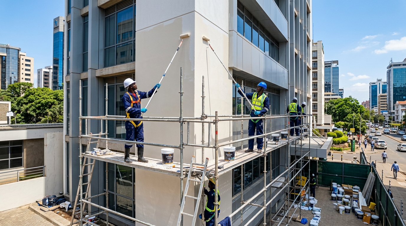 Professional commercial building painters in clean uniforms on scaffolding painting exterior facade in Kenya