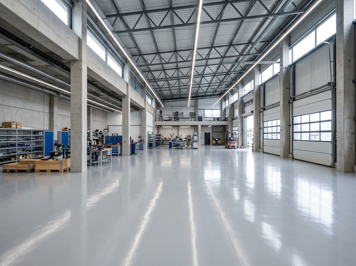 Seamless high-gloss industrial epoxy warehouse floor with flawless reflective finish