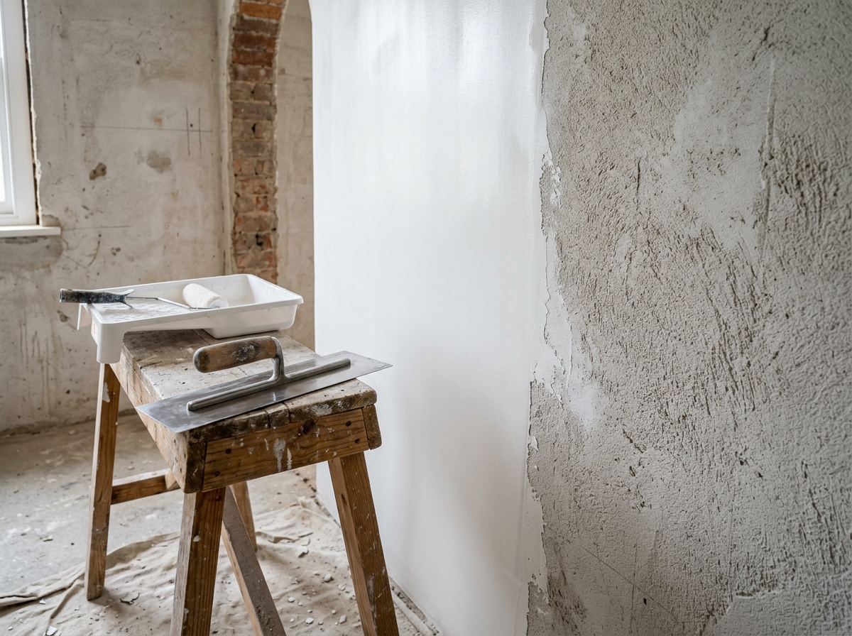 Skimming fresh cement plaster wall with acrylic filler putty and plastering trowel