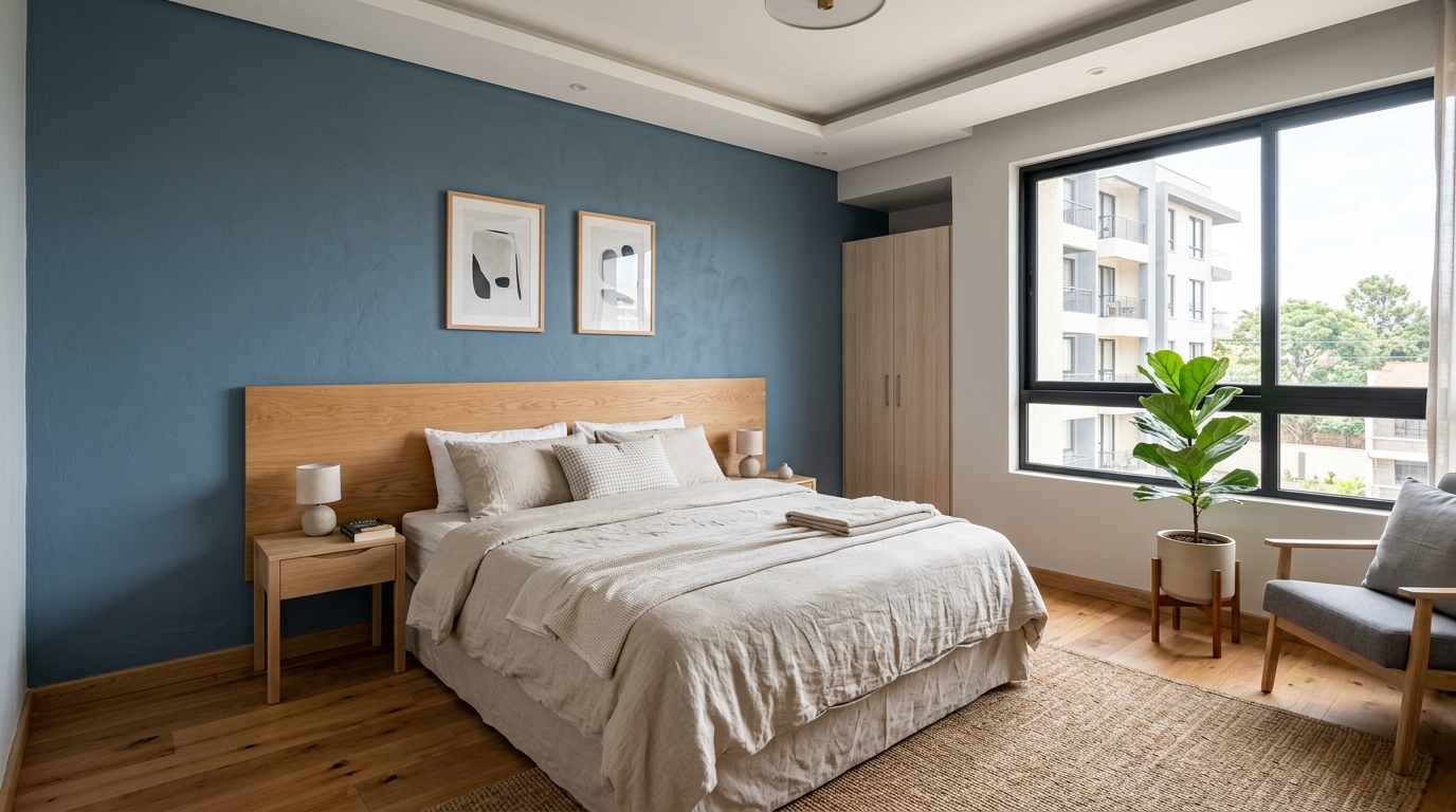 Dusty Blue paint wall in modern master bedroom