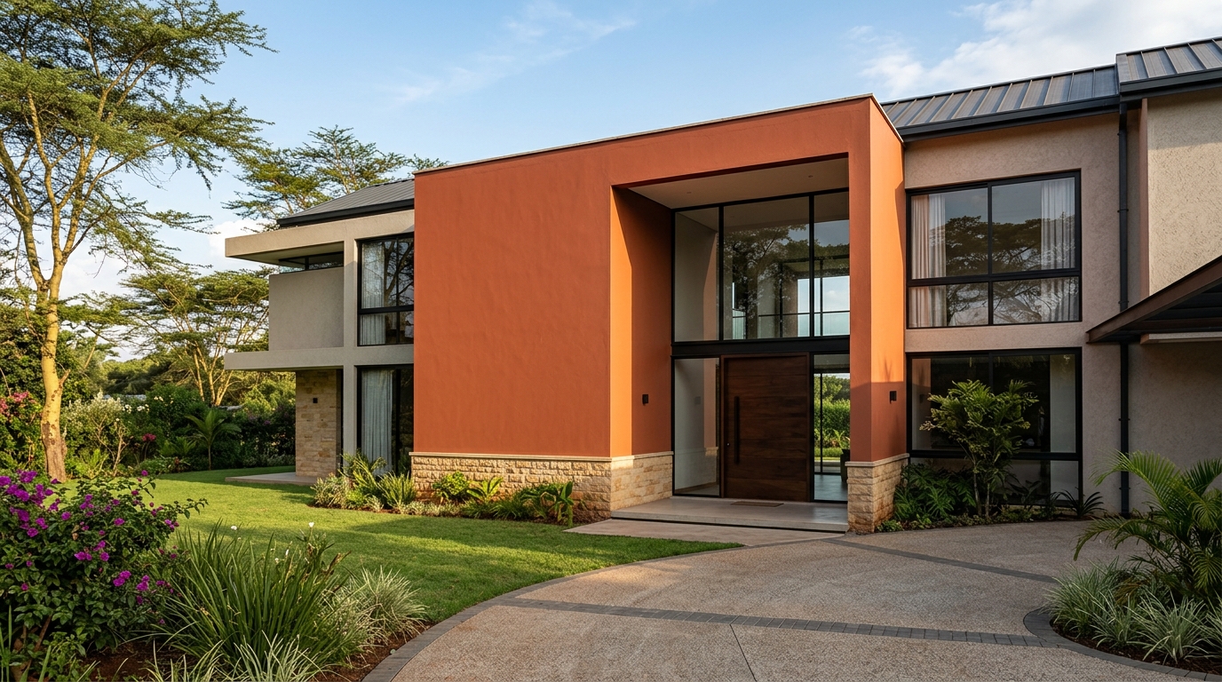 Terracotta paint on entrance facade of modern residential villa