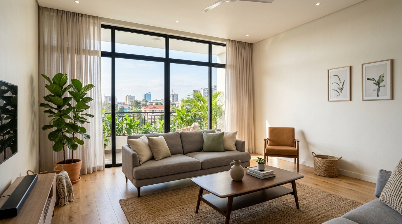 Warm White paint on living room walls in a modern Nairobi apartment with oak furniture