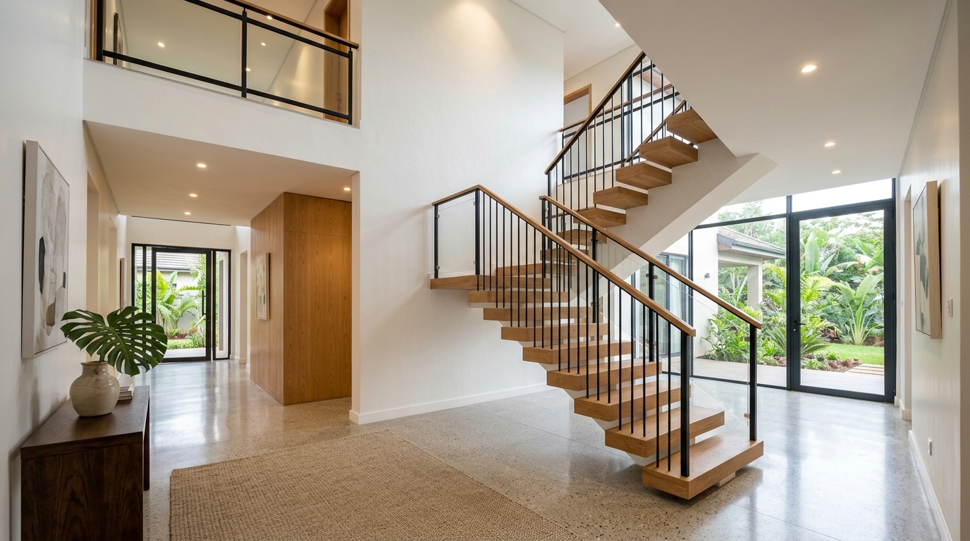 Soft White paint on an airy hallway and staircase wall in a contemporary Karen home