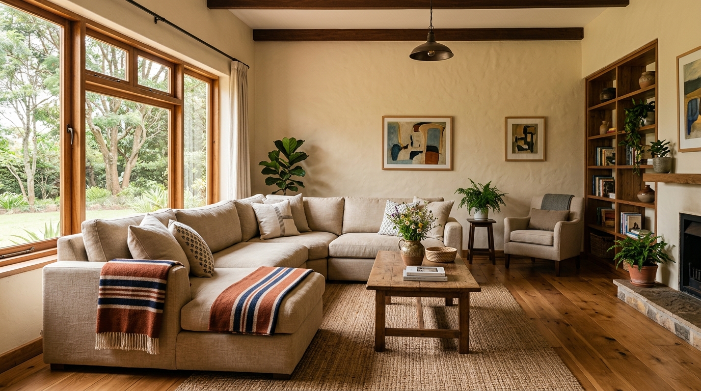Warm Cream paint in a family living room with timber windows in an Eldoret home