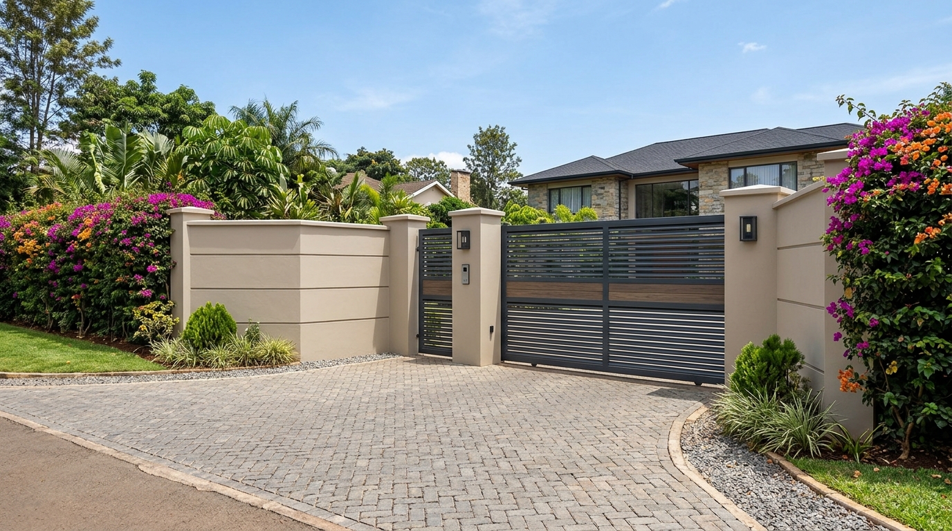 Stone Beige paint on perimeter boundary wall and entrance gate columns in Runda