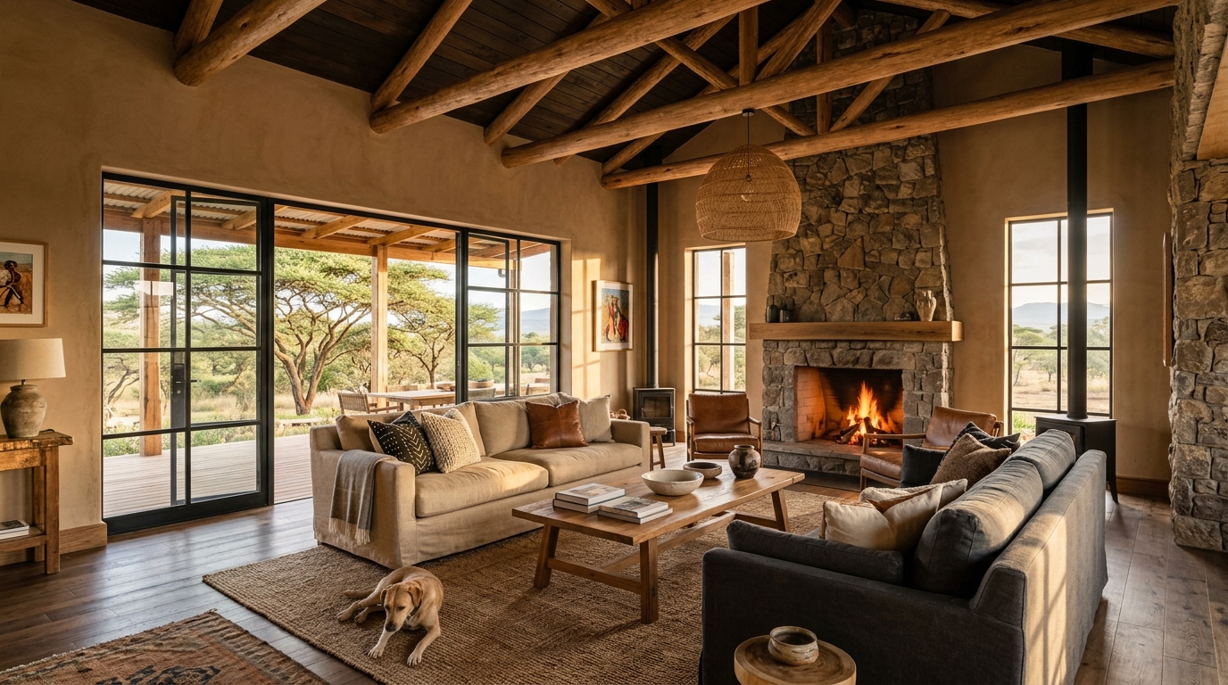Light Brown paint on living room walls with cypress timber ceiling in Nanyuki