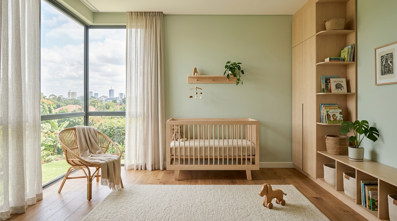 Soft Green paint in a peaceful nursery bedroom with light birch wood furniture