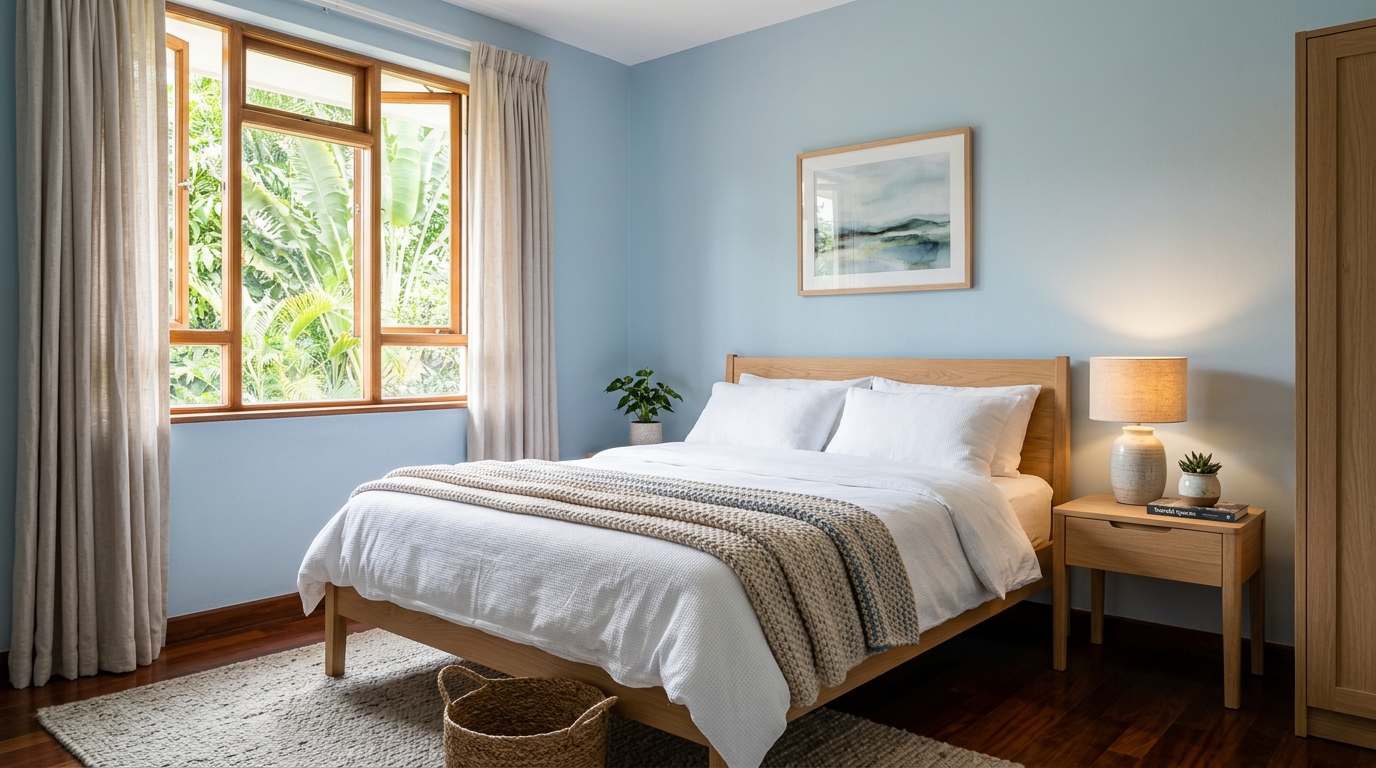 Soft Blue paint in a guest bedroom with white cotton linen in a Nairobi apartment