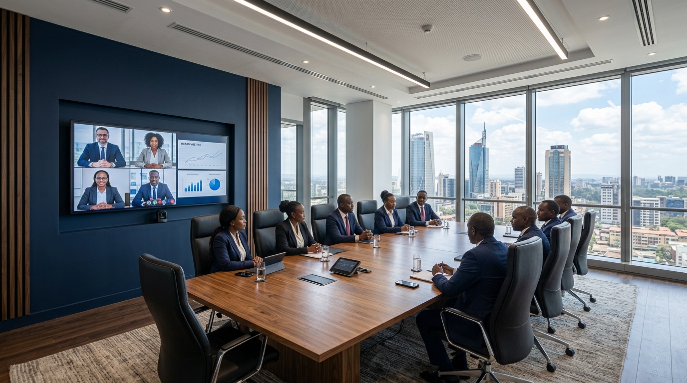 Navy Blue paint on boardroom feature wall with conference table in Upper Hill Nairobi