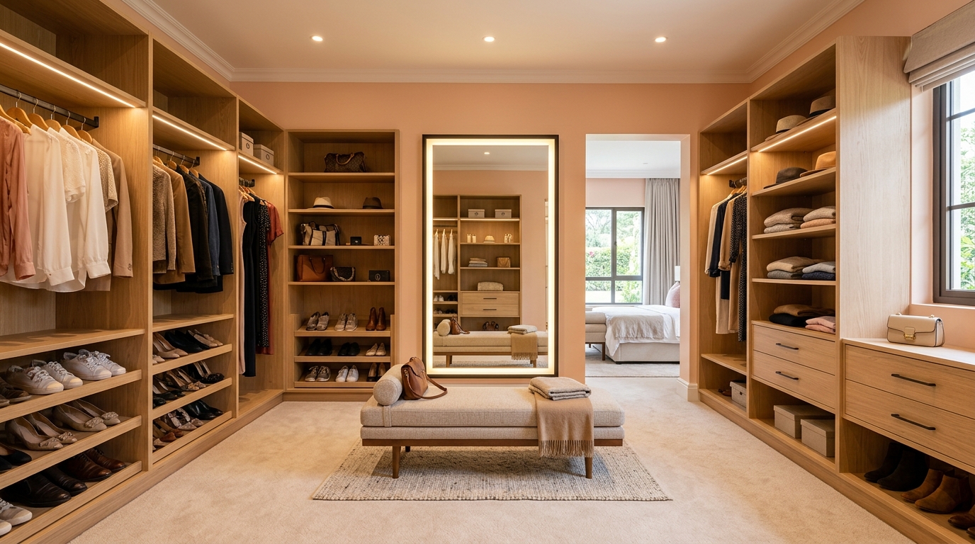 Soft Peach paint in a master dressing room with built-in wardrobes in Lavington