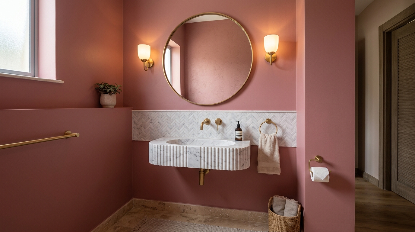 Rose Pink paint on powder room walls with brass mirror and marble basin