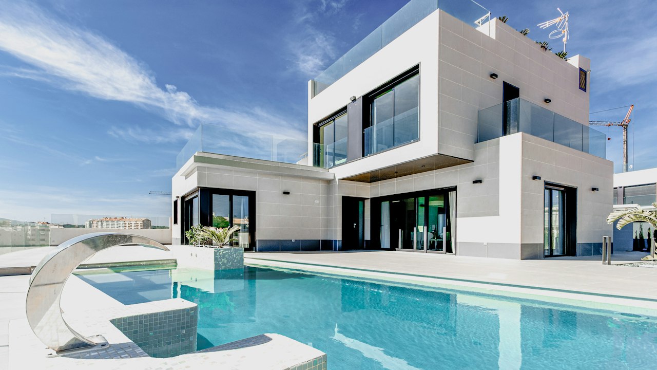 Black Grey paint on cantilevered architectural feature volume of a modern luxury villa
