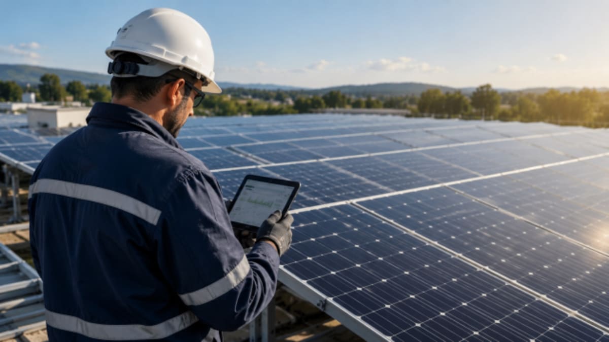 Tecnico durante attività di manutenzione su impianto fotovoltaico