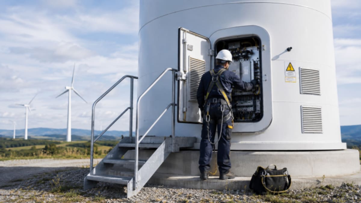 Tecnico durante attività di manutenzione su impianto eolico