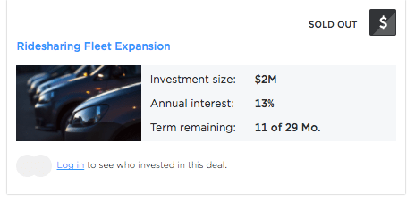 Screenshot of YieldStreet ridesharing fleet expansion showing only high-level loan terms and no indication that loan is in default