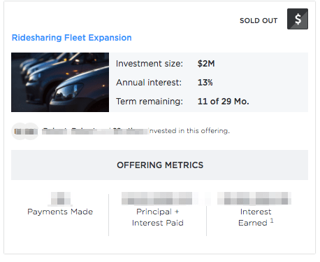 screenshot of YieldStreet ridesharing fleet expansion investment status shown to logged in customers indicating payments have been made, but no obvious indication of any problem with the loan