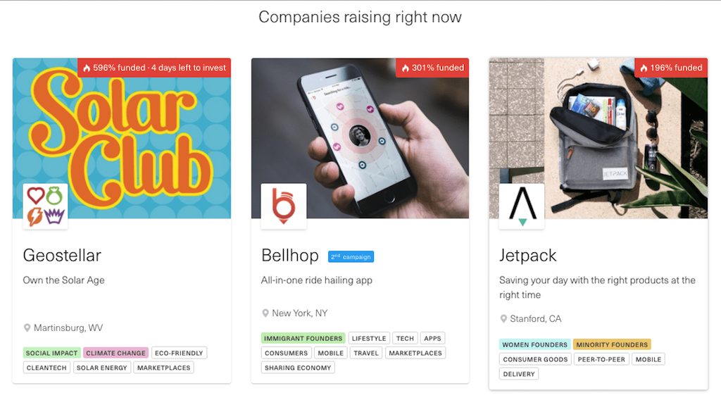 screenshot of several startups raising money on republic.co