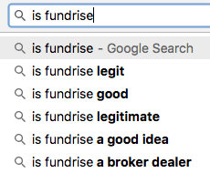 screenshot of a google search showing first auto-suggest result for a search for fundrise is 'is fundrise legit'