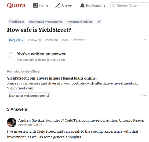 screenshot of quora thread about whether yieldstreet is a safe place to invest. direct link is in the prior paragraph