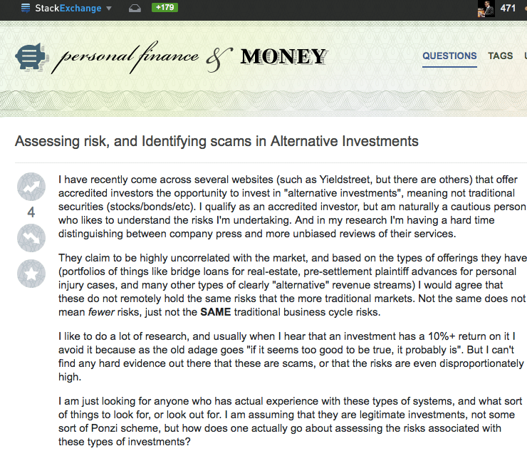 screenshot of thread from stackexchange about whether crowdfunding sites are safe investments. direct link is in prior paragraph
