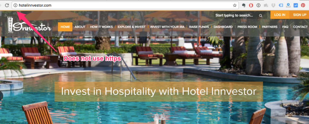 screenshot of a website showing it is not using secure https