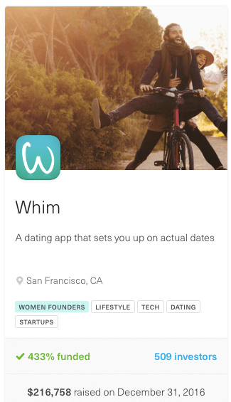 screenshot of card showing Whim dating app crowdfunding capmpaign