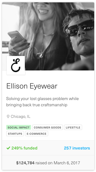 screenshot showing info about ellison eyewear equity crowdfunding campaign