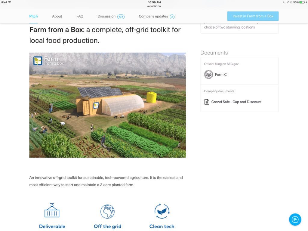 Screnshot with more details from republic about farm from a box equity crowdfunding campaign