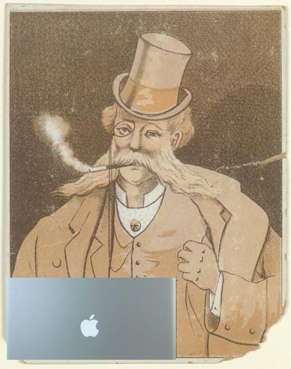 mashup photo of old-timey guy with a tophat and a monocle made to look like he's using a mac laptop