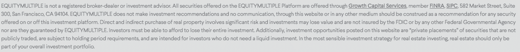 screenshot of disclaimer from equitymultiple website about broker dealer affiliation