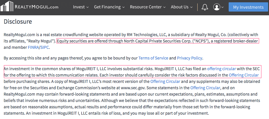 detail from realtymogule disclosures referencing their relationship with north capital securities