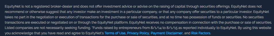 screenshot of disclaimer from equitynet website that they are not a broker dealer or an investment advisor