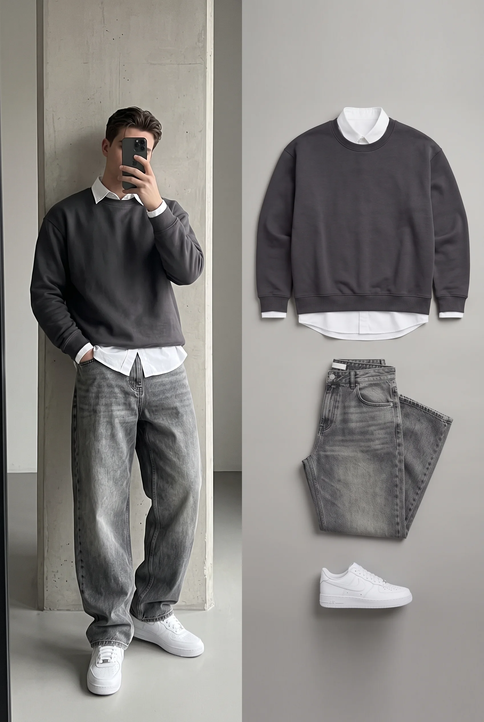 Split collage of a man wearing a charcoal crewneck and baggy jeans next to a neat flatlay of the same outfit