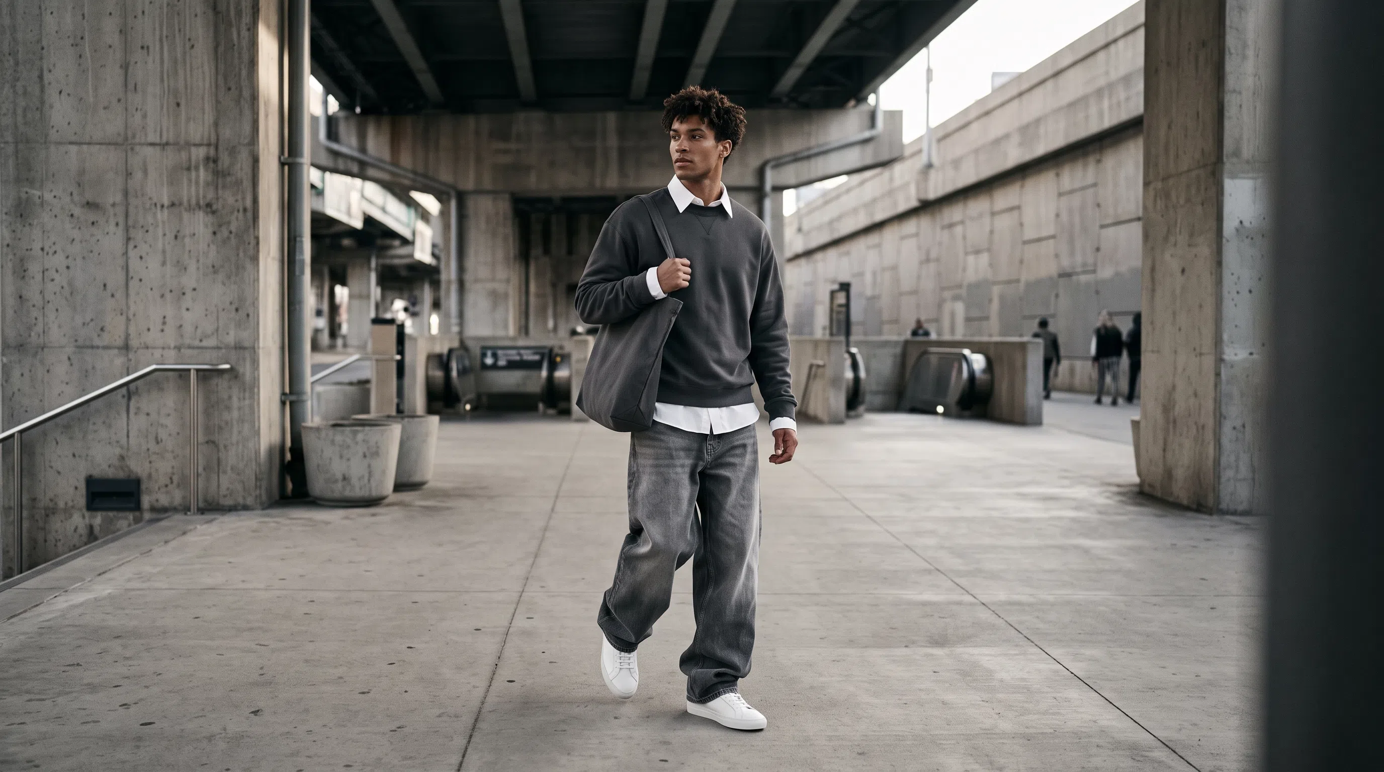 Stylish young man wearing a charcoal crewneck over a white shirt with baggy faded denim