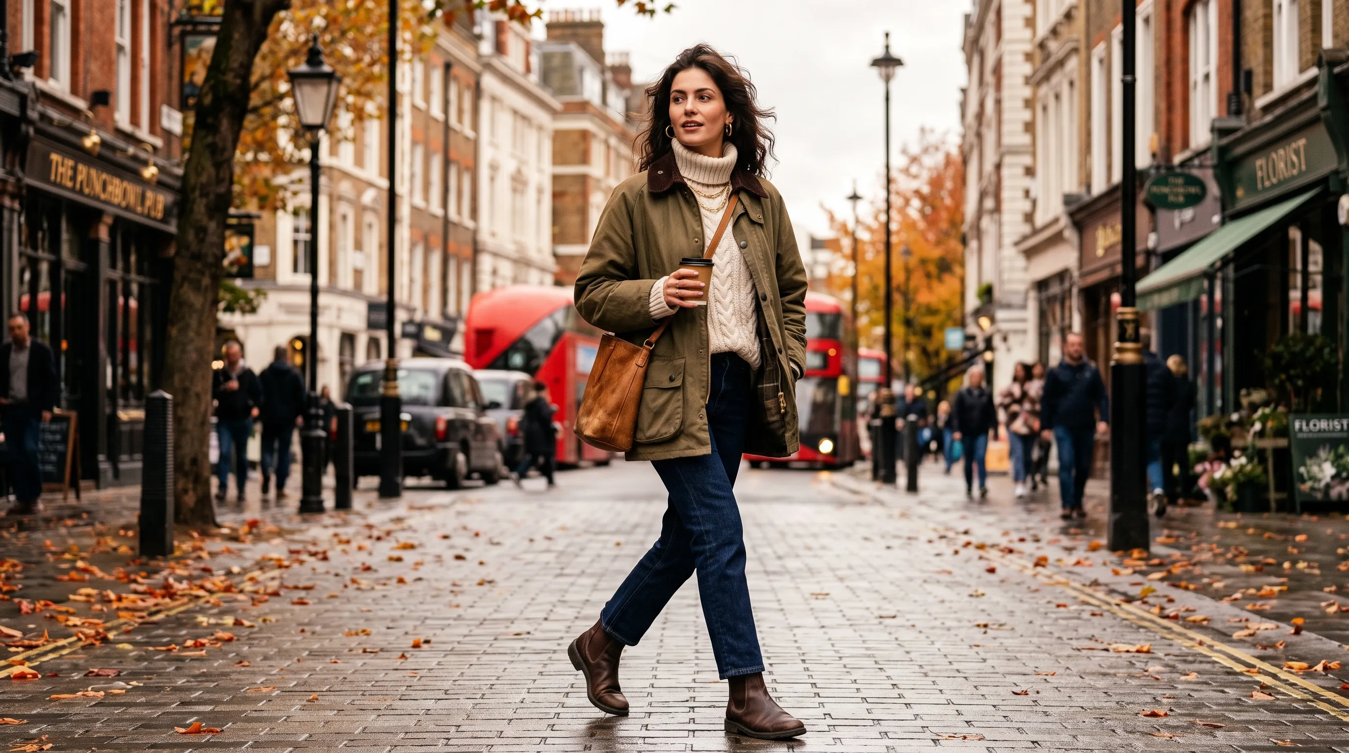 Chic woman walking in autumn wearing an oversized olive green barn jacket and cream turtleneck sweater