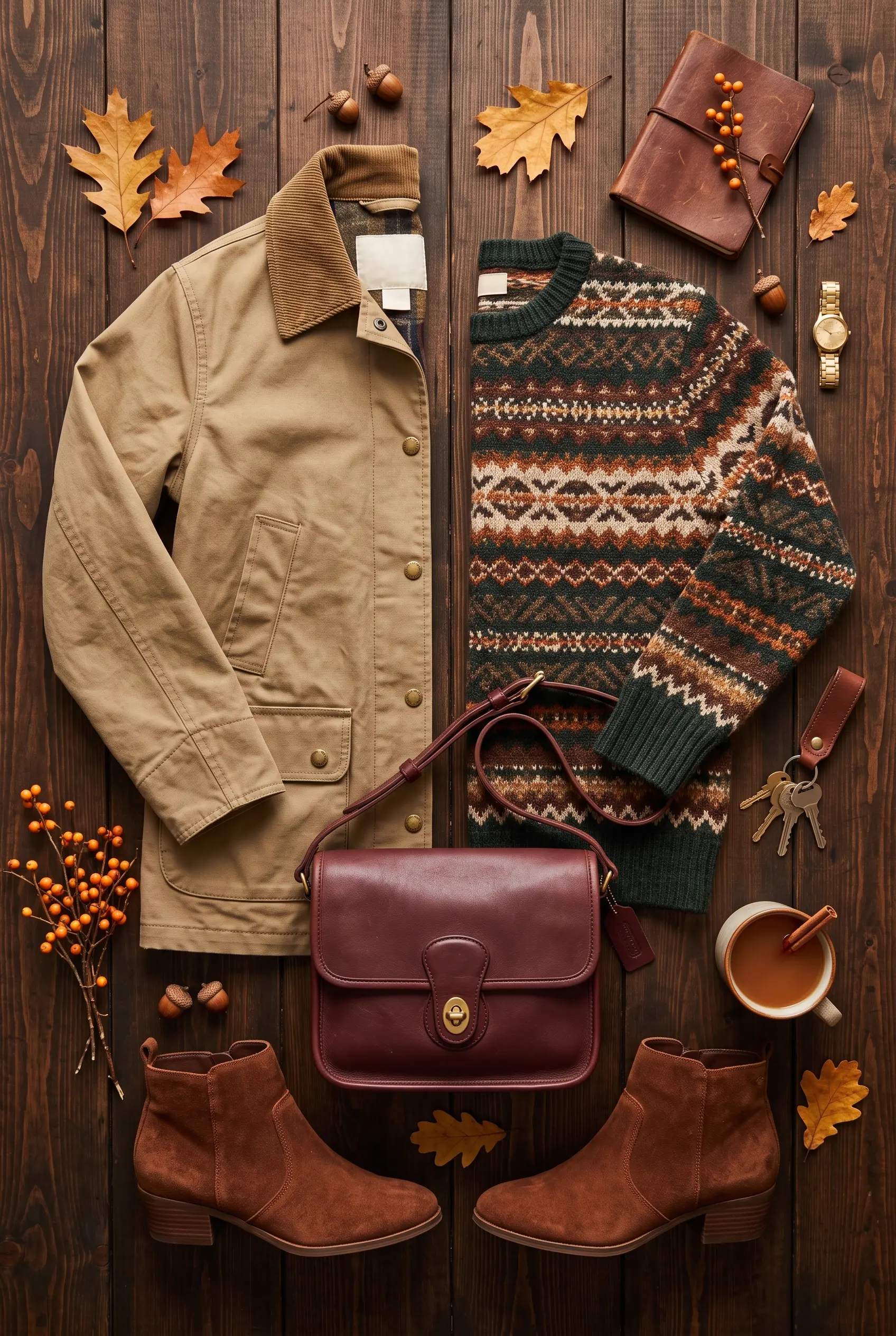 Aesthetic flatlay of women's fall fashion featuring a khaki barn jacket, vintage sweater, and leather bag