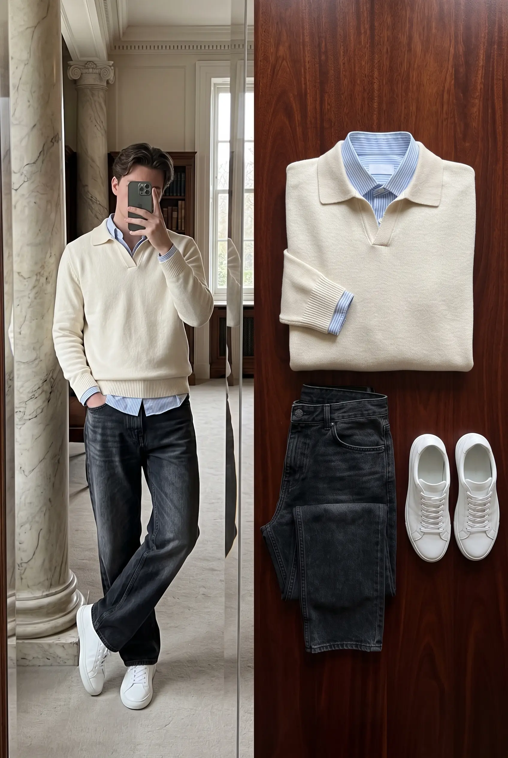 Split collage of a man wearing a cream polo and black jeans next to a neat flatlay of the same outfit on dark wood