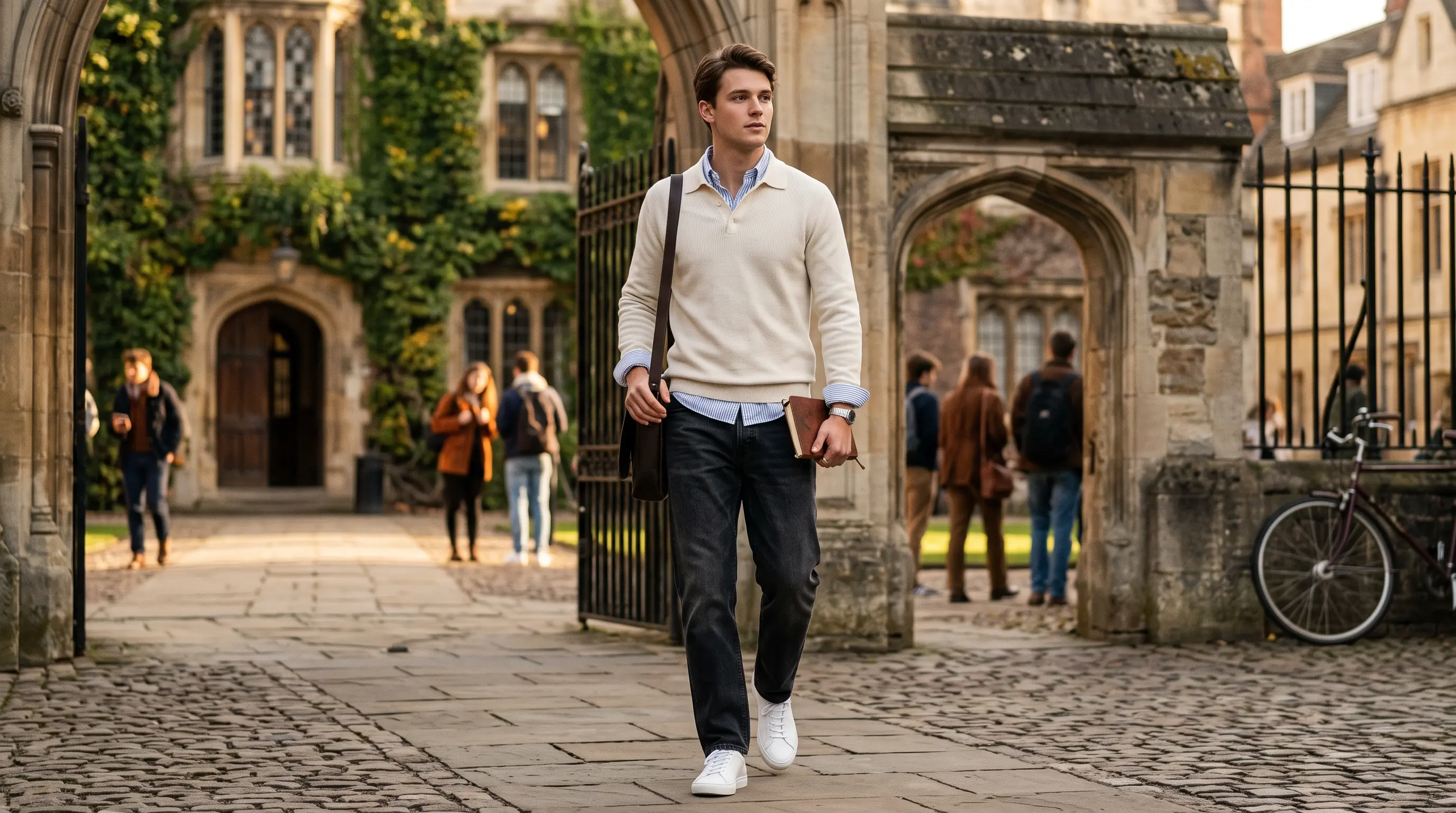 Stylish young man wearing a cream knit polo layered over a light blue striped shirt with faded black denim